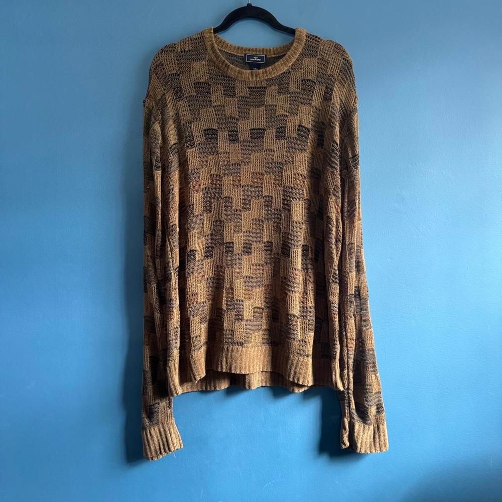 Vintage Open Weave Sweater Men's Size Large Dockers Brown Check Long Sleeve